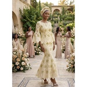 VTG Nigerian 3pc Lace Iro and Buba Set | Gold Swiss Voile Lace w Gele Headwrap